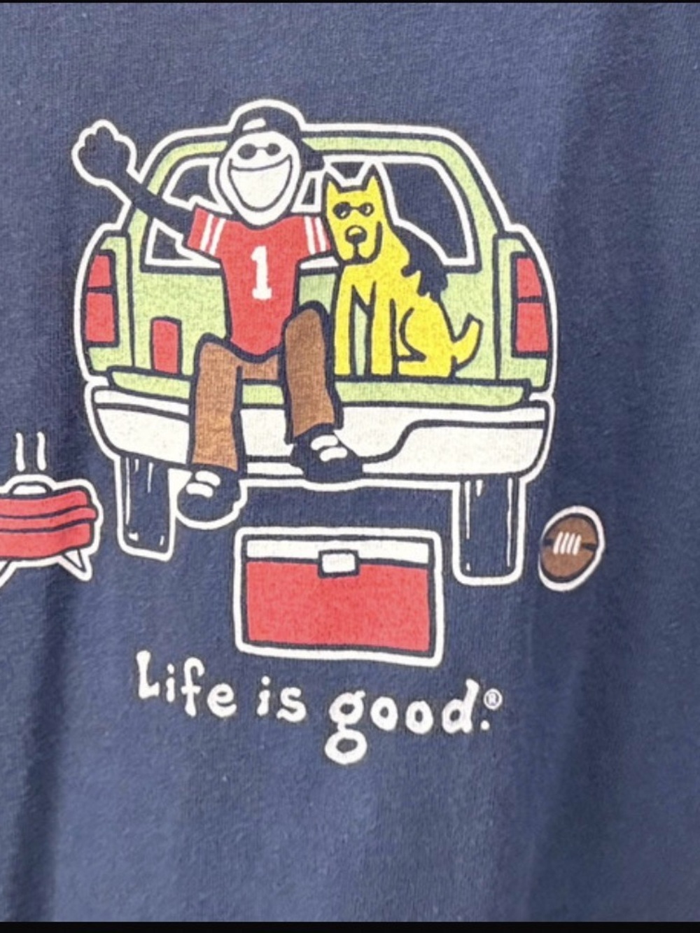 Life Is Good Men's XL Long-Sleeve Graphic Tee - Blue Tailgate Football Dog NWOT
